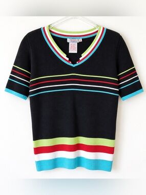 NWT Paris Paris Striped Knit Sweater - Size S Short Sleeve Black Multi